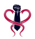 Clenched fist with two snakes classic style tattoo vector vintage symbol.