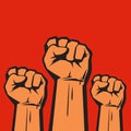 Clenched fists raised in protest. Three human hands raised in the air. Vector illustration.