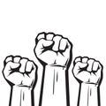 Clenched fists raised in protest. Three human hands raised in the air. Vector illustration. Royalty Free Stock Photo