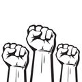 Clenched fists raised in protest. Three human hands raised in the air. Vector illustration.