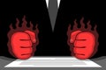 Clenched red fists of angry furious man and document on table