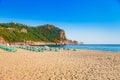 Cleopatra beach with beautiful sand and green rocks in Alanya peninsula, Antalya district, Turkey, Asia. Famous tourist Royalty Free Stock Photo