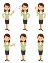 A clerical worker wearing a work clothes, 6 types of facial expressions and gestures