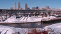 A view from Tremont onto the snowy Cuyahoga River, Salt Mines, and Downtown Cleveland
