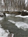 A BEAUTIFUL HALF-FROZEN RIVER IN THE MIDDLE OF THE WOODS