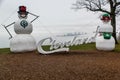 Cleveland Sign and Giant Snowmen - Foggy Lake Erie - Cleveland, Ohio Skyline