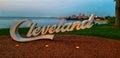 Cleveland sign overlooking the cityscape of downtown Cleveland,Ohio Royalty Free Stock Photo