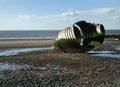 The marys shell sculpture on cleveleys beach at low tide, part of the mythic coast trail