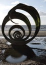 The marys shell sculpture on cleveleys beach at low tide, part of the mythic coast trail
