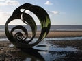 The marys shell sculpture on cleveleys beach at low tide, part of the mythic coast trail