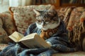 Clever cat wearing glasses, sitting on sofa and reading a book Royalty Free Stock Photo