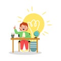 Clever child studying and having idea, flat vector illustration isolated.