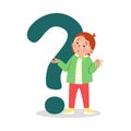 Clever child thinking next to question mark, flat vector illustration isolated.