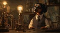 A clever dachshund in a vintage workshop wearing vest and tie, working by antique lighting Royalty Free Stock Photo