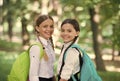 Clever friends. back to school. small school girls walk in spring. happy childrens day. childhood hapiness. two sisters Royalty Free Stock Photo