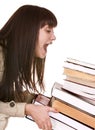 Clever girl with group old book. Royalty Free Stock Photo