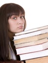 Clever girl with heap book. Royalty Free Stock Photo