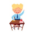 Clever Girl Sitting at Desk at School Lesson and Raising Her Hand to Answer Vector Illustration