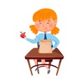 Clever Girl Sitting at School Desk and Eating Apple Vector Illustration