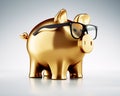 Clever golden piggy bank with glasses