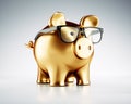 Clever golden piggy bank with glasses