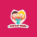 Clever Kids Abstract Vector Sign, Emblem or Logo Template. Boy and Girl Reading Book Illustration with Textures. Heart