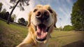 A clever labrador dog captures a selfie in the park