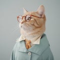 clever looking orange tabby cat wearing brown framed glasses, pale blue jacket, white shirt and orange tie Royalty Free Stock Photo