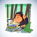 Clever monkey with computer. character design - vector