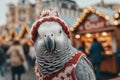A clever parrot with festive hat holding small candy cane Royalty Free Stock Photo