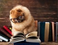 Clever pomeranian dog with a book. A dog sheltered in a blanket with a book. Serious dog with glasses. Dog in a library Royalty Free Stock Photo