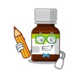 A clever student antibiotic bottle cartoon character study at home Royalty Free Stock Photo