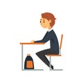 Clever Student Sitting at Desk in Classroom, Side View, Schoolboy in Uniform Studying at School, College Vector