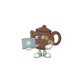 A clever teapot mascot character working with laptop