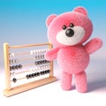 Clever teddy bear with pink fur standing by an abacus ready to learn maths, 3d illustration
