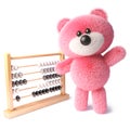 Clever teddy bear with pink fur waving while learning to count using an abacus, 3d illustration