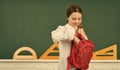 Clever teenager student. Educative activity. Child study in school. My backpack is just right. Smart schoolgirl. School