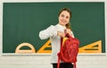 Clever teenager student. Knowledge day. Girl in school classroom copy space. School project. Educative activity. Child Royalty Free Stock Photo