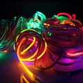 Clew of different color electrical cables and wires on table. Green, purple, yellow, orange, blue neon lights. AI