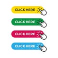 Click here button with arrow pointer clicking icon. Click here vector web button. Web button with action of arrow pointer Royalty Free Stock Photo