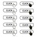 Click button set with hand pointer clicking. Click here web button. Isolated website hand finger clicking cursor vector