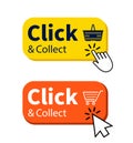 Click and collect button with shopping cart, basket and mouse pointer. Store label for online order. Grocery sticker. vector