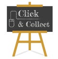 Click and Collect message Blackboard on a wooden easel,black chalkboard on an old style wooden easel isolated on white background Royalty Free Stock Photo