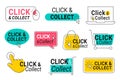 Click and collect. Online shop buttons with clicking cursor pointer, computer mouse and shopping bag vector set Royalty Free Stock Photo