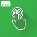 Click hand icon. Business concept cursor finger pictogram. Vector illustration on green background with long shadow. Royalty Free Stock Photo