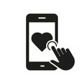 Click On Heart Shape Button In Smartphone Silhouette Icon. Like Button Glyph Pictogram. Social Media Push Notification Royalty Free Stock Photo
