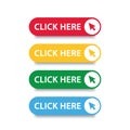 Click here button with arrow pointer clicking icon. Click here vector web button. Web button with action of arrow pointer Royalty Free Stock Photo