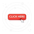 Click here button with hand pointer clicking. Vector illustration on a white background
