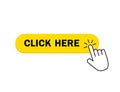 Click here button icon. Yellow button with hand pointer for register on website. Click here with finger pointing button for banner
