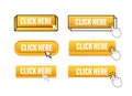 Click here Button with pointer clicking. Click here web buttons set. User interface element in flat style. Vector stock Royalty Free Stock Photo